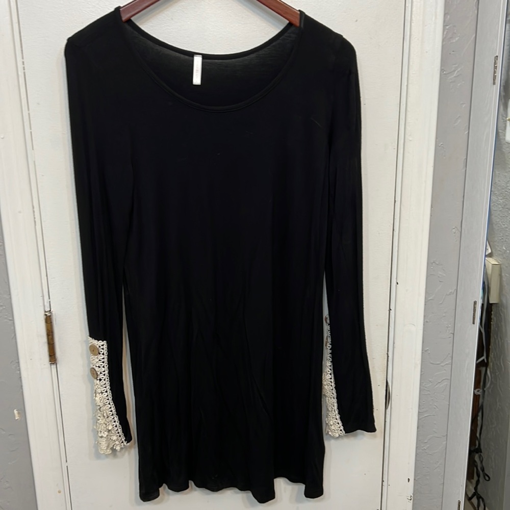 Pink lush Black Dress with Crochet sleeves